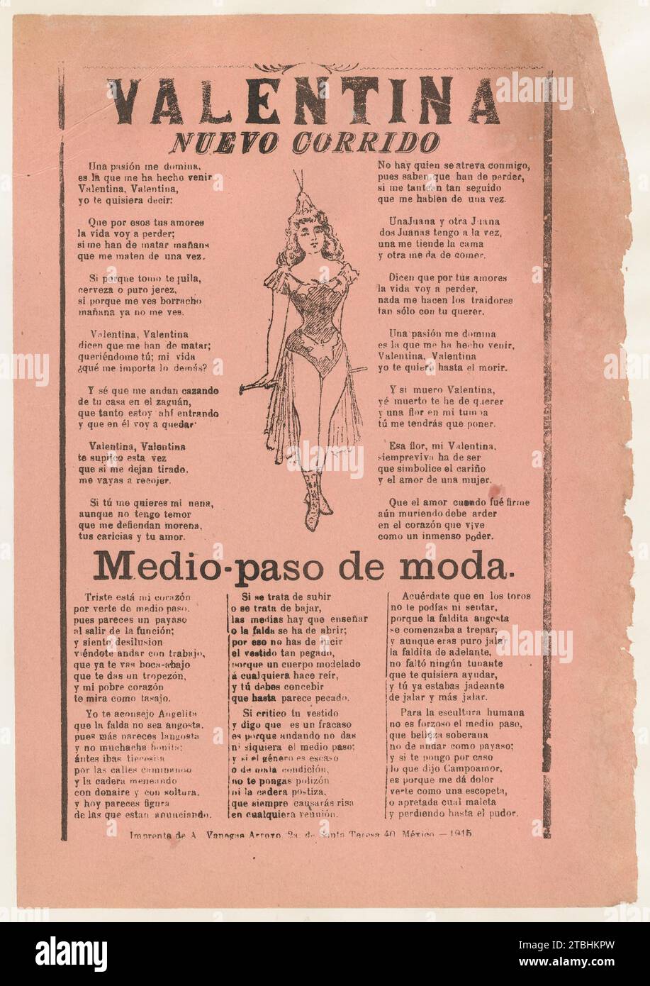Broadsheet mit zwei erzählenden Liebesballaden, Frau in einem Kostüm bestehend aus einem Trikot, cape und Stiefeln 1946 von Jose Guadalupe Posada Stockfoto