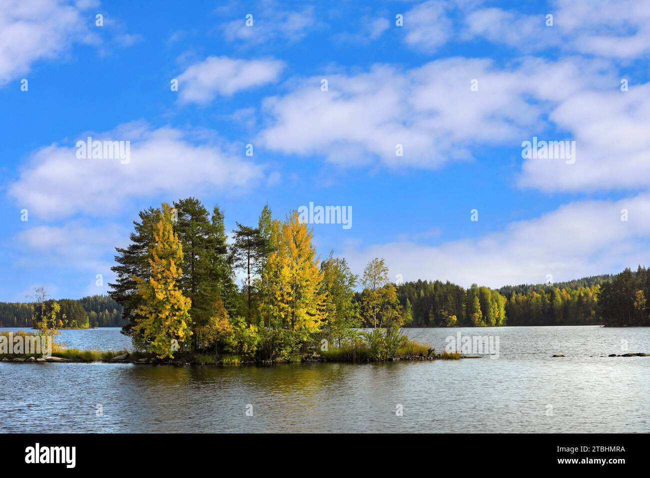Kleine Insel an der malerischen Straße Nr. 637 in Mittelfinnland unter wunderschönem Himmel an einem Tag des frühen Herbstes. Stockfoto