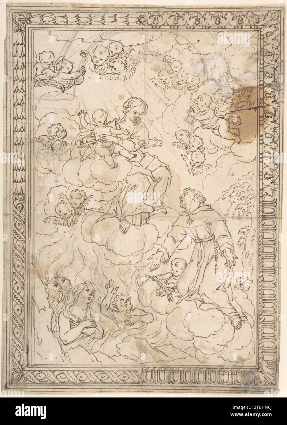Kniende Heilige und verlorene Seelen vor der Madonna und dem Kind, mit vier alternierenden Grenzentwürfen 1957 von Anonymous, Italienisch, 17. Jahrhundert Stockfoto