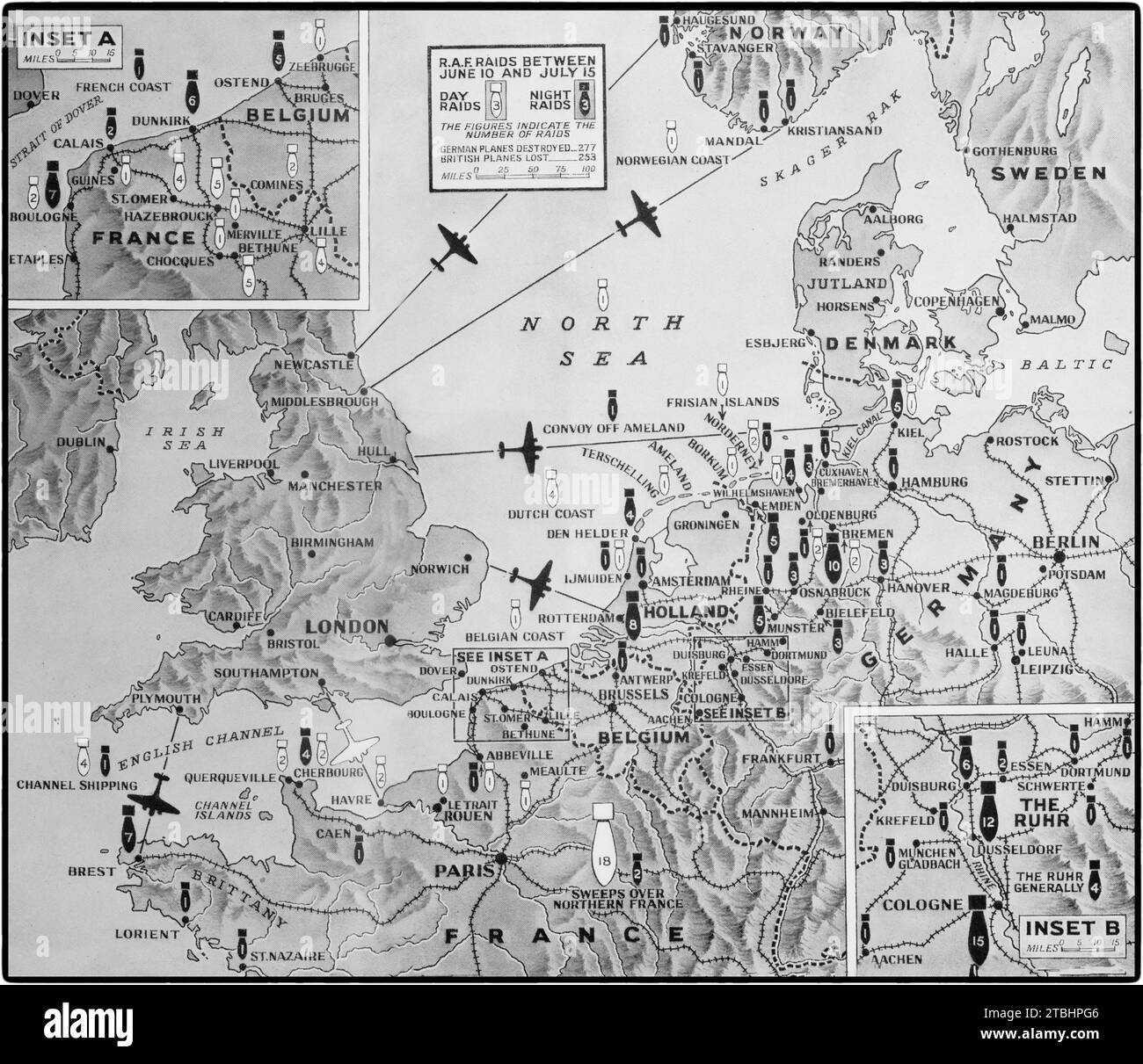 Eine Karte, die Großbritanniens Luftoffensive des Zweiten Weltkriegs gegen Deutschland und die besetzten Länder zwischen dem 10. Juni und dem 15. Juli 1941 zeigt. Es gab 76 Überfälle bei Tageslicht (weißes Bombensymbol) und 154 nächtliche Überfälle (schwarzes Bombensymbol) mit der Anzahl der Angriffe auf jede Bombe, wobei die Karte die Hauptziele anzeigt. Stockfoto