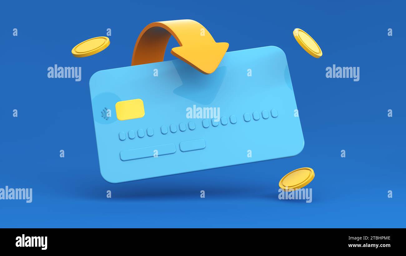 Münzen rund um eine weiche blaue Kredit- oder Debitkarte und Pfeil auf blauem Hintergrund. Bargeldlos, Kreditkarte, geldautomat, Sparen, Cashback. Stockfoto