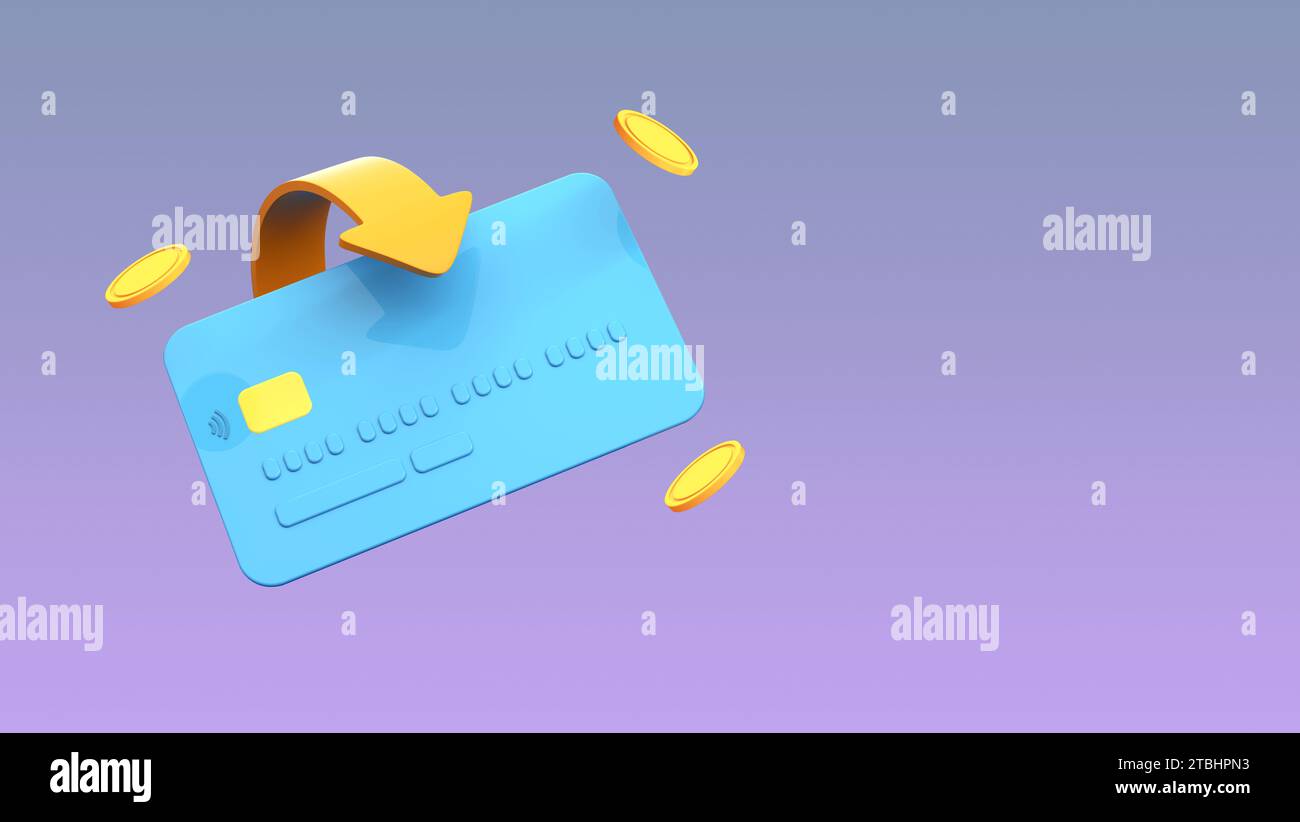 Münzen rund um die weiche blaue Kredit- oder Debitkarte und Pfeil auf violettem Hintergrund. Bargeldlos, Kreditkarte, geldautomat, Cashback. Finanztransaktion Stockfoto