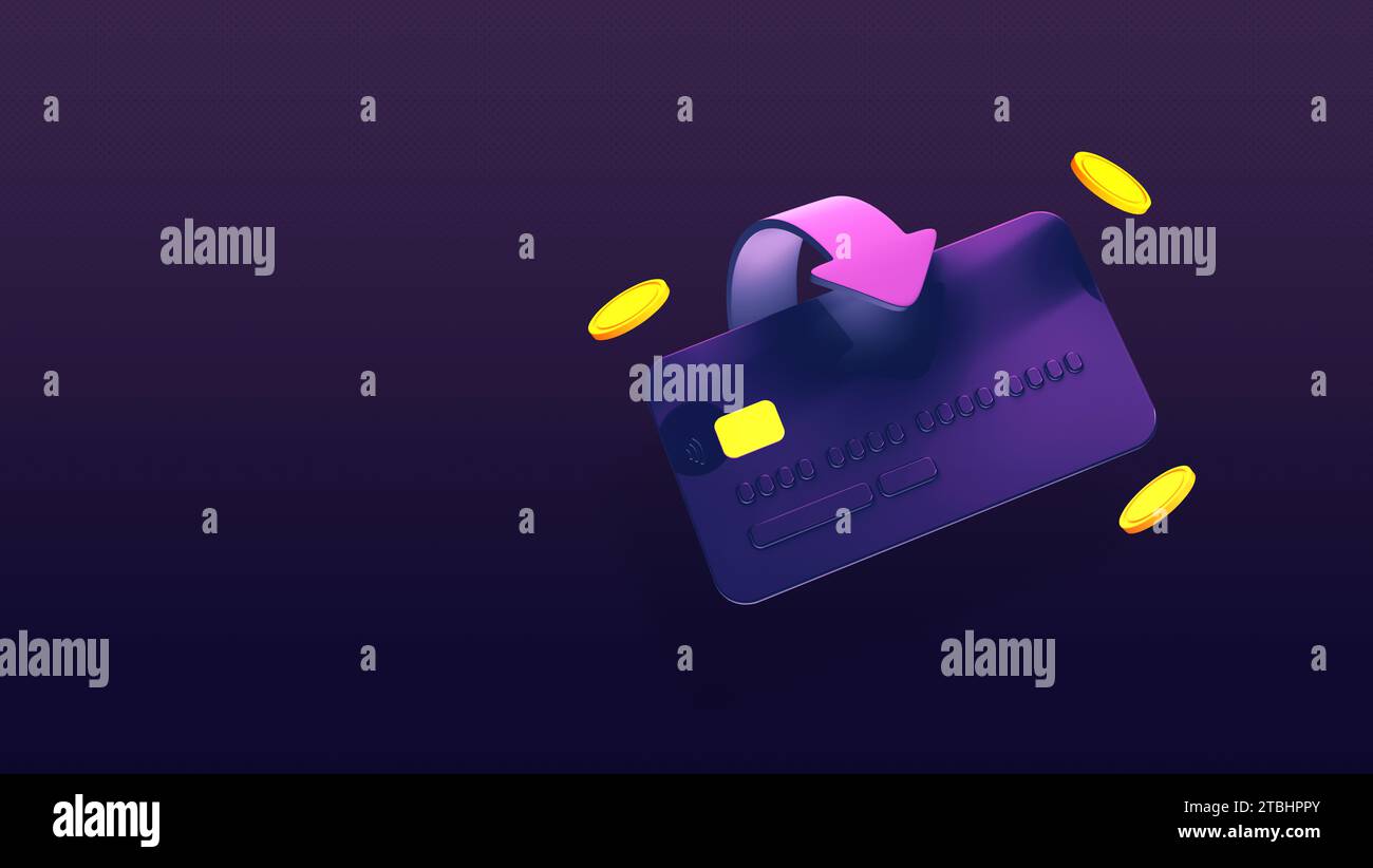 Münzen um Kredit- oder Debitkarte und Pfeil auf dunkelviolettem Hintergrund. Bargeldlos, Kreditkarten, Geldautomaten, Cashback, Casino Profit. Finanziell Stockfoto