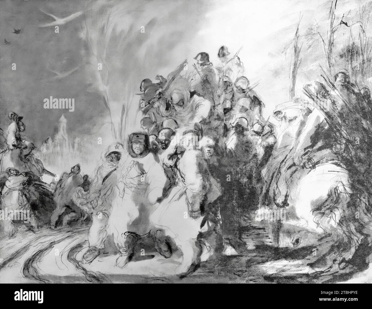 Eine Skizze von Feliks Topolski, in der die russische Armee am 19. Januar 1942 den Modschasken in der russischen Oblast Moskau zurückerobert und damit eine Zangenbewegung der Wermacht während der deutschen Invasion Russlands während des Zweiten Weltkriegs verhindert. Stockfoto