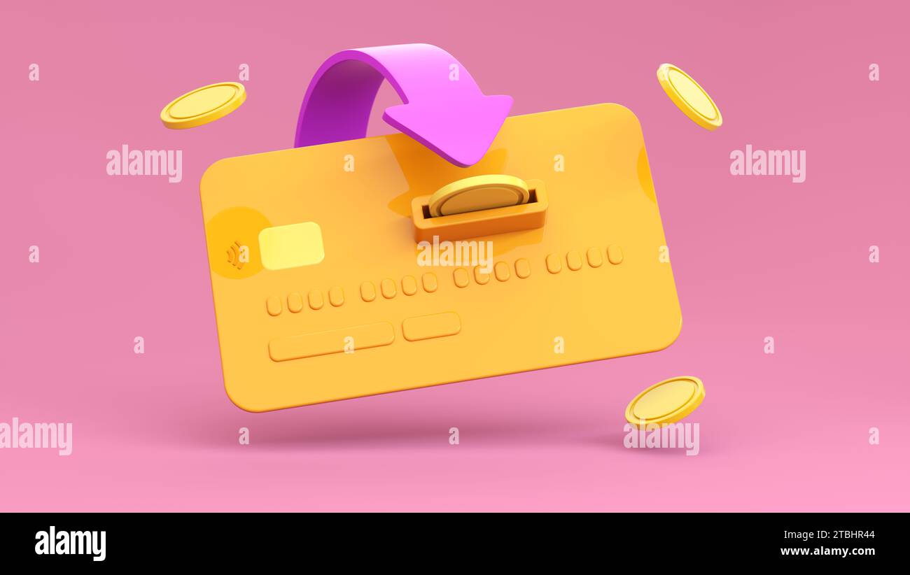 Oins mit orangefarbener Kredit- oder Debitkarte und Pfeil auf rosa Hintergrund. Bargeldlos, Kreditkarte, geldautomat, Sparen, Cashback. Stockfoto