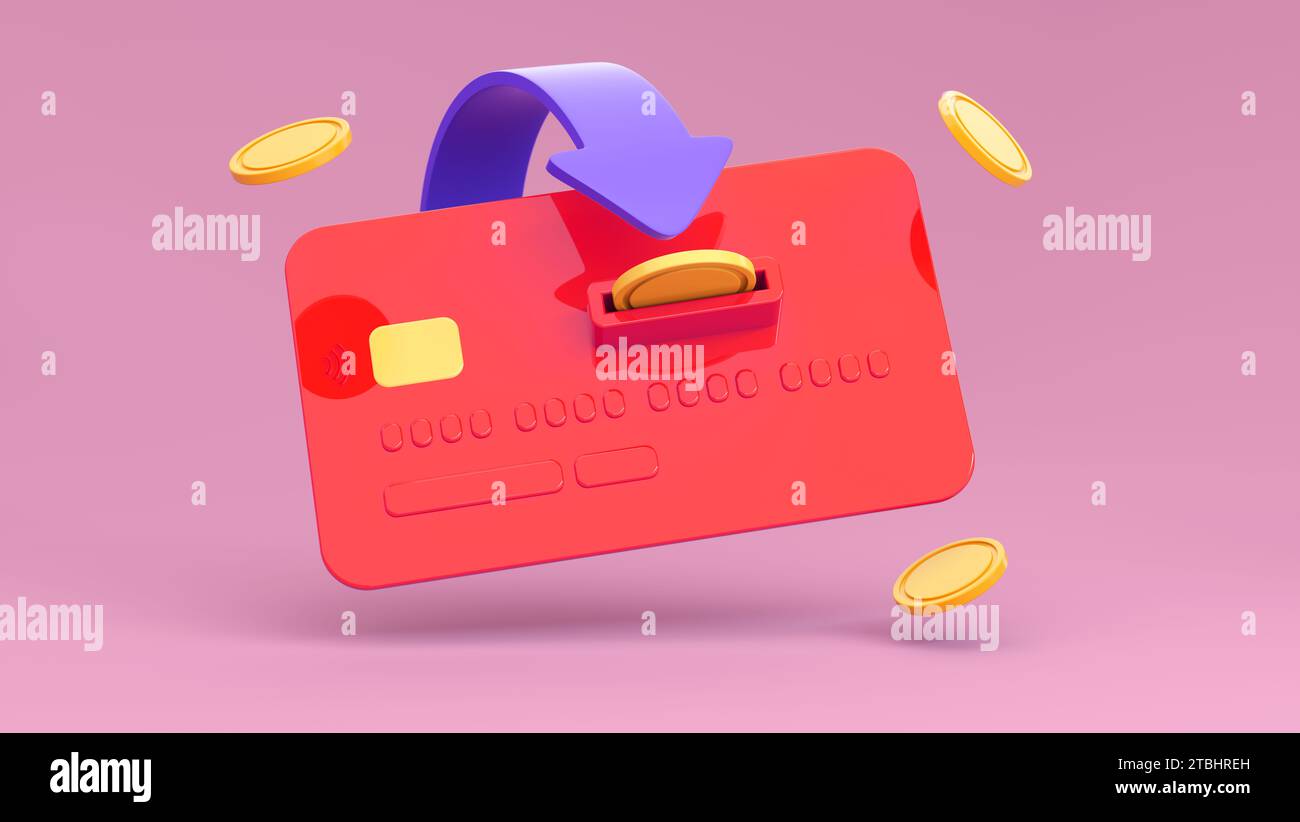 Münzen mit roter Kredit- oder Debitkarte und Pfeil auf rosa Hintergrund. Bargeldlos, Kreditkarte, geldautomat, Sparen, Cashback. Finanztransaktion Stockfoto