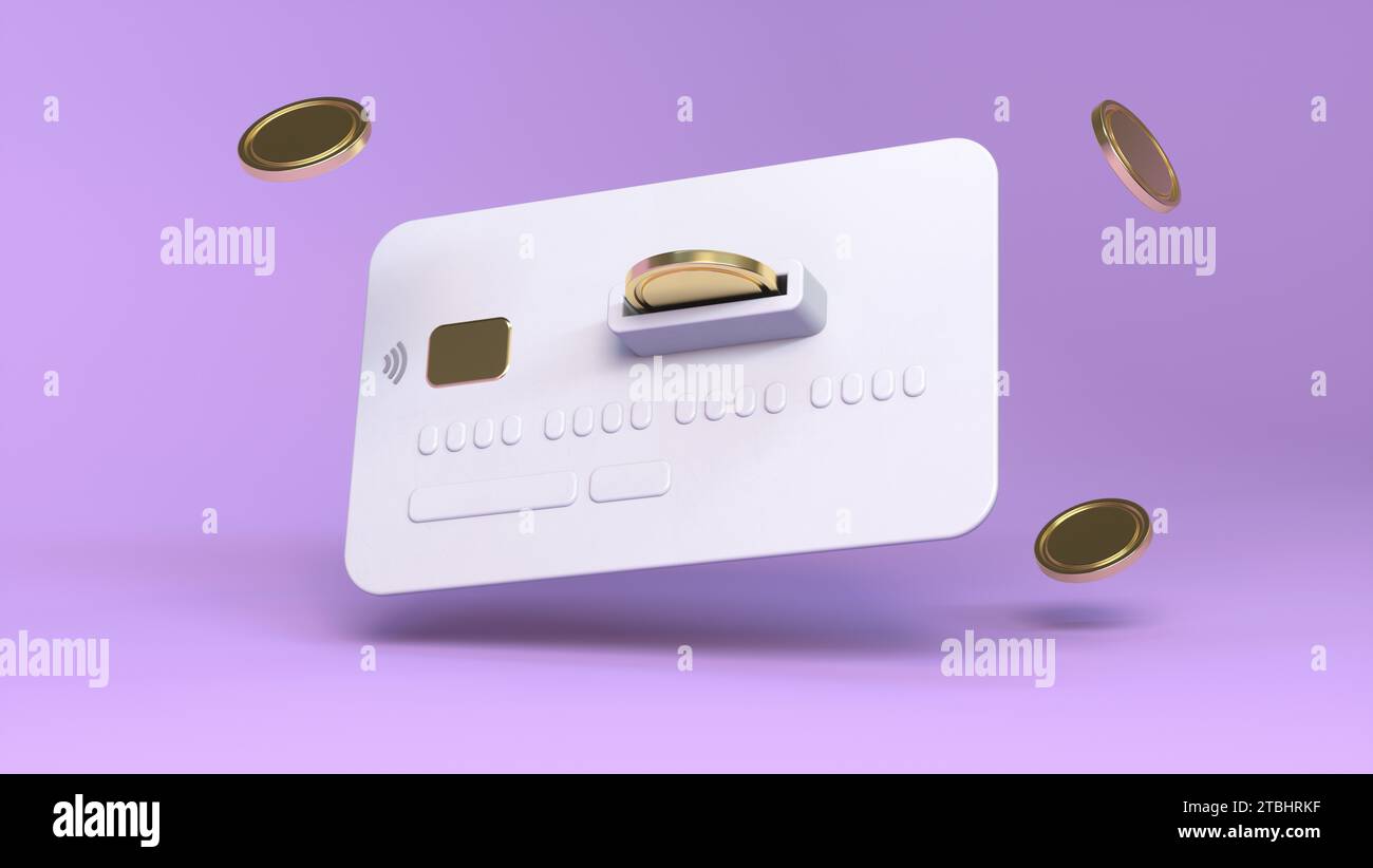 Finanztransaktionskonzept. Münzen mit Kredit- oder Debitkarte auf violettem Hintergrund. Bargeldlos, Kreditkarte, Online-Zahlung, geldautomat, Sparen, Stockfoto