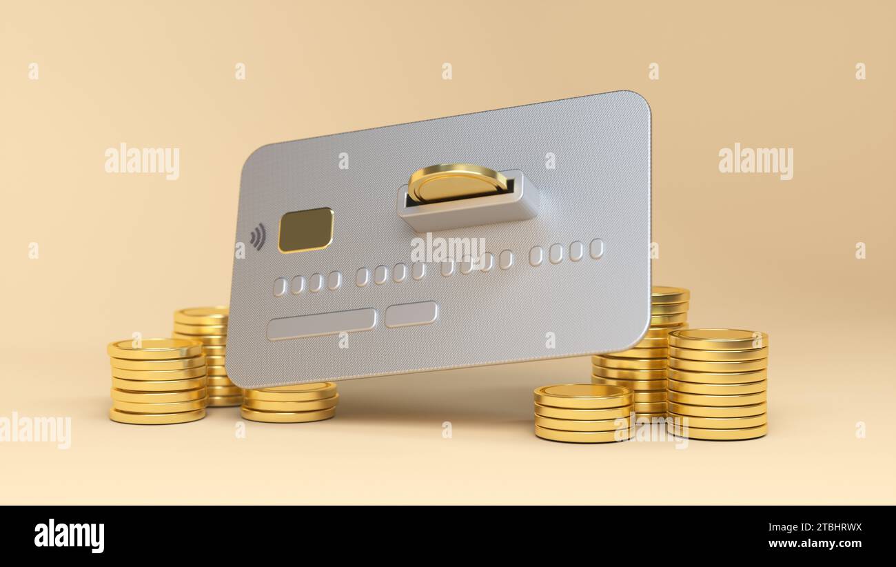 Finanztransaktionskonzept. Münzen mit Kredit- oder Debitkarte auf beigefarbenem Hintergrund. Bargeldlos, Kreditkarte, Online-Zahlung, geldautomat, Sparen, Stockfoto