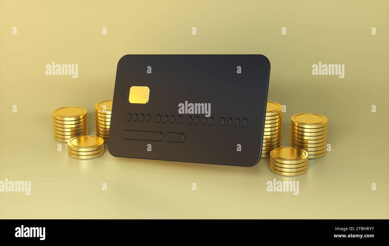 Schwarze Kreditkarte mit goldenen Münzen auf beigefarbenem Studio-Hintergrund. Online-Zahlung, mobiles Banking, Transaktion und Shopping-Konzept. Stockfoto