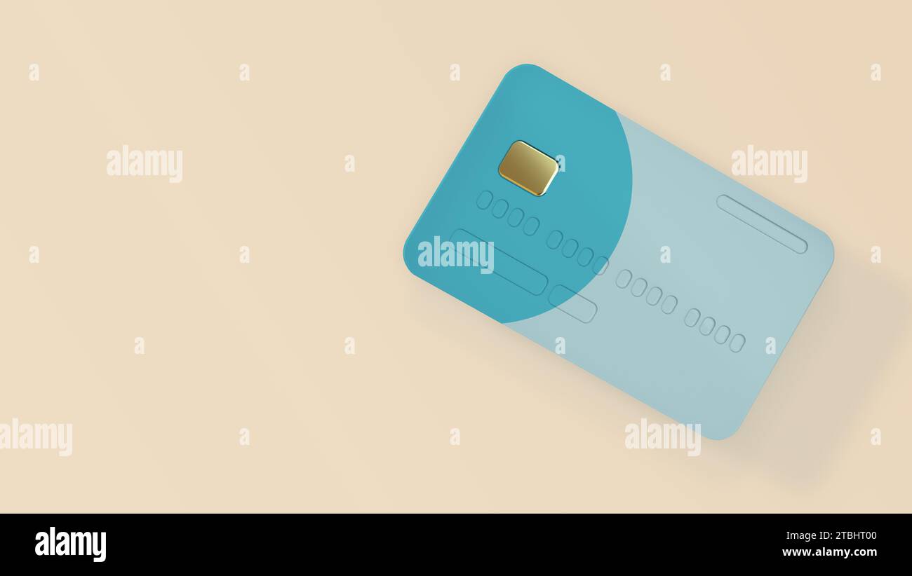Weiche blaue Kreditkarte auf beigem Hintergrund. Online-Zahlung, mobiles Banking, Transaktion und Shopping-Konzept. Geschäftskonzept. 3D-Rendering Stockfoto