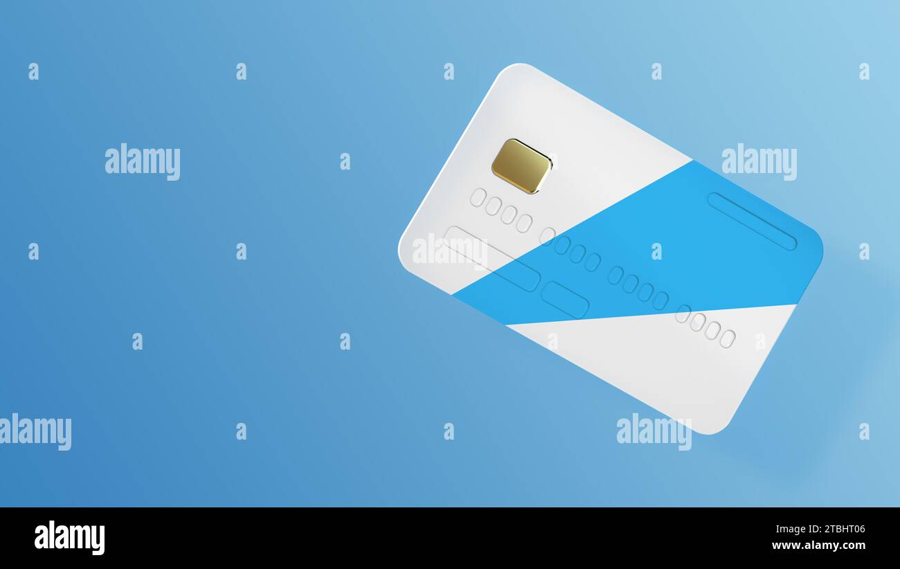 Weiße blaue Kreditkarte auf blauem Hintergrund. Online-Zahlung, mobiles Banking, Transaktion und Shopping-Konzept. Minimaler Cartoon-Stil. 3D-Rendering Stockfoto