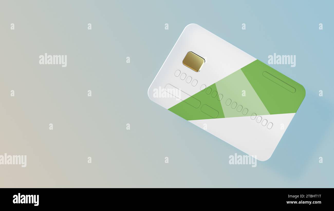 Weiß-grüne Kreditkarte auf beigefarbenem blauem Hintergrund. Online-Zahlung, mobiles Banking, Transaktion und Shopping-Konzept. Geschäftskonzept. 3D-Rendering Stockfoto