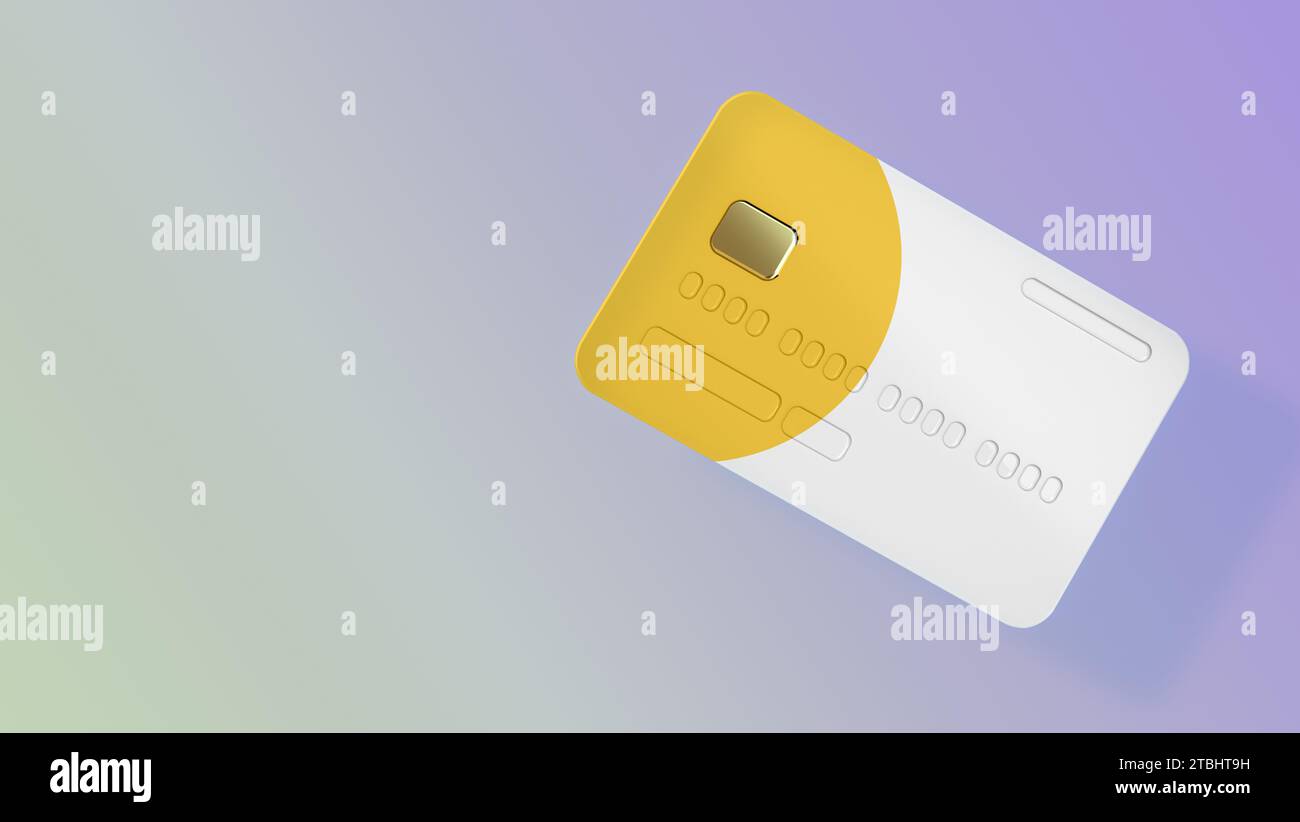 Weiße gelbe Kreditkarte auf lila grünem Hintergrund. Online-Zahlung, mobiles Banking, Transaktion und Shopping-Konzept. Geschäftskonzept. 3D-Rendern Stockfoto