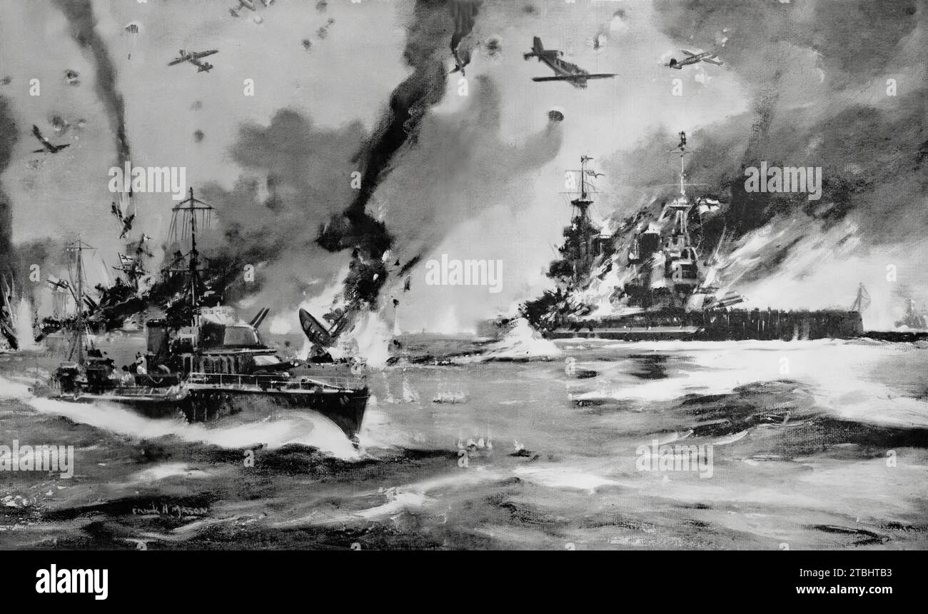 Eine Skizze von Frank H Mason, in der japanische Bomber die Kriegsschiffe der Royal Navy, HMS Prince of Wales und Repulse, bombardierten und torpedierten, während die während des Zweiten Weltkriegs einen japanischen Konvoi in der Nähe von Malaya abfangen wollten. Der Angriff am 10. Dezember 1941 führte zum Verlust beider Schiffe. Stockfoto
