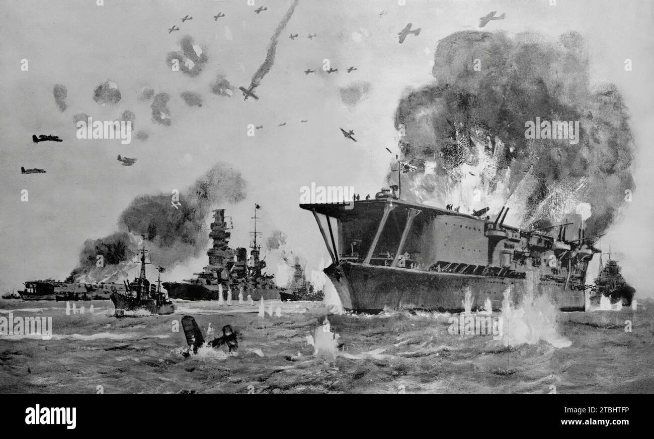 Eine Zeichnung von Arthur J. W. Burgess über die Schlacht von Midway im Nordpazifik im Juni 1942. Während der Schlacht im Zweiten Weltkrieg verloren die Japaner 18.000 Mann, 275 Flugzeuge und mehrere Kriegsschiffe, darunter Flugzeugträger der Kaga-Klasse, durch Bomben- und Torpedoangriffe der Vereinigten Staaten. Stockfoto