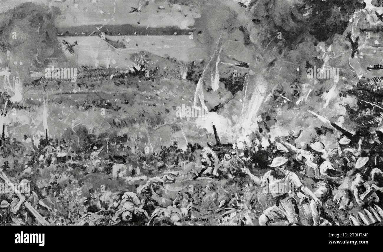 Eine Zeichnung von T. C. Douglas, die das britische Artilleriefeuer in der Nähe des Causeway auf der Insel Singapur während des Zweiten Weltkriegs zeigt. Die britische Nachkriegsaktion im Februar 1942 wurde von einer überwältigenden Anzahl japanischer Truppen, deren Artillerie und massiver Luftunterstützung besiegt. Stockfoto