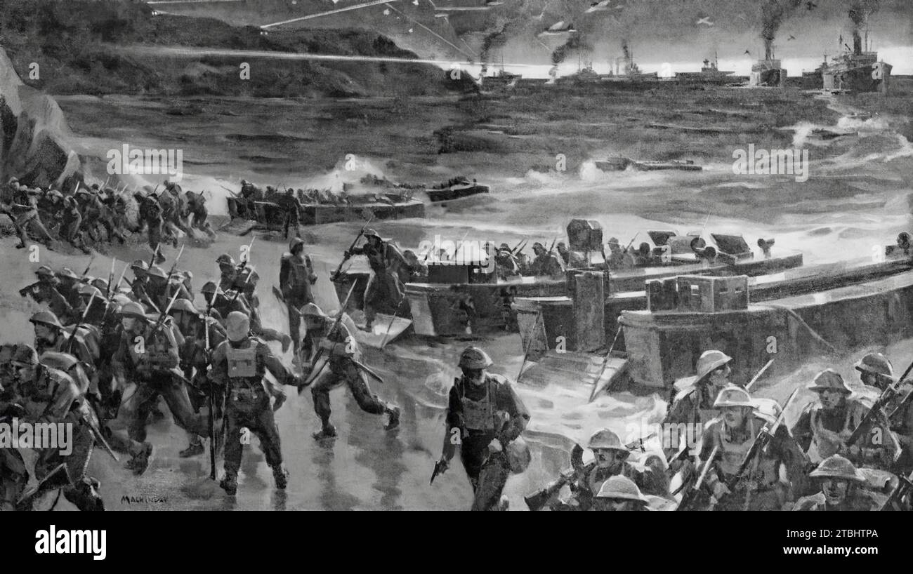 Eine kombinierte britische Marine- und Militärstreitkraft landete in der Courier Bay auf Madagaskar, um eine japanische Invasion der Insel während des Zweiten Weltkriegs zu verhindern. Die Zeichnung von M Mackinlay zeigt Truppen, die im Mai 1942 mit Landungskähnen ankommen, unterstützt von Flugzeugen der Naval Air Arm, während Kriegsschiffe der Royal Navy vor der Küste blieben, um Unterstützung zu leisten, wenn nötig. Stockfoto