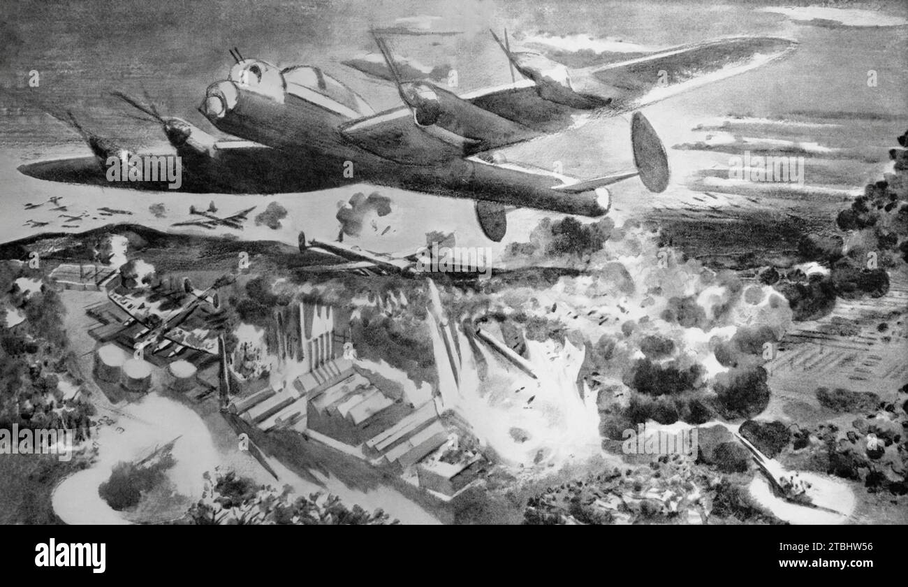 Eine Zeichnung von Paul Nash von Lancaster-Bombern während eines Luftangriffs auf eine deutsche Fabrik in Augsburg in Bayern, wo U-Boot-Dieselmotoren, -Panzer und andere Armeefahrzeuge während des Zweiten Weltkriegs gebaut wurden. Die Bomber verursachten große Schäden, aber von den zwölf, die am 17. April 1942 starteten, kehrten nur fünf sicher in ihre britische Basis zurück. Stockfoto