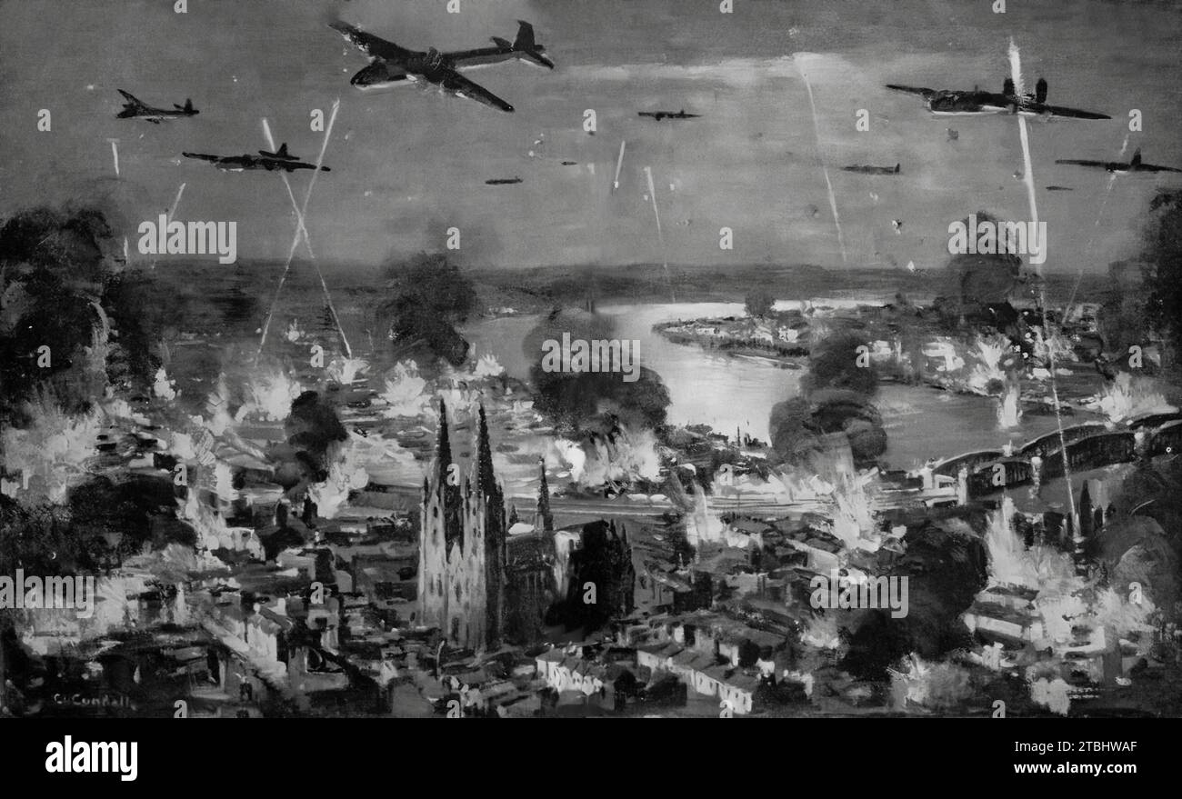 Eine Zeichnung von Charles Cundall, die das Kölner Zentrum in der Nacht vom 30. Mai 1942 zeigt, als über 1.000 Bomber die Stadt zusammen mit Ruhr und Reineland attackierten. Der zweite Weltkrieg dauerte eineinhalb Stunden und 2.000 Tonnen Bomben fielen ab, unglaublich, dass die Kathedrale unberührt blieb. Stockfoto