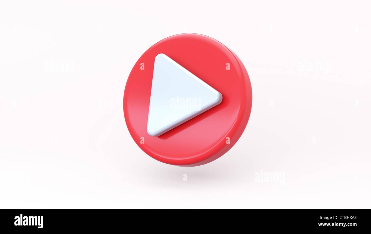 Rotes Symbol für die Wiedergabetaste auf weichem weißem Studio-Hintergrund. Symbol Für Videowiedergabe, Soziale Medien, Media Player Sign, Video Player, Streaming, Livestream. Stockfoto