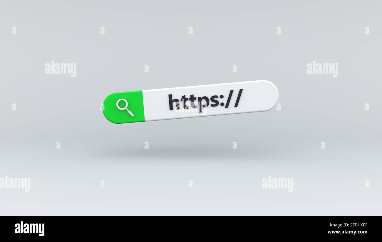 Grüne Suchleiste mit https-Link. Hyperlink-Website weltweit, Hypertext Transfer Protocol, HTTPS-Daten-Webseite, Webbrowser, Website, Navigation Stockfoto
