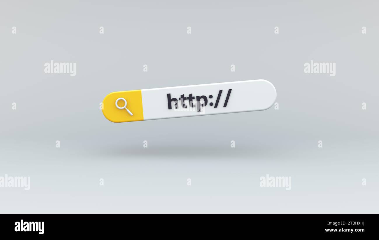 Gelb weiße Suchleiste mit HTTP-Link. Hyperlink-Website weltweit, Hypertext Transfer Protocol, HTTP-Daten-Webseite, Webbrowser, Website, Navigation Stockfoto