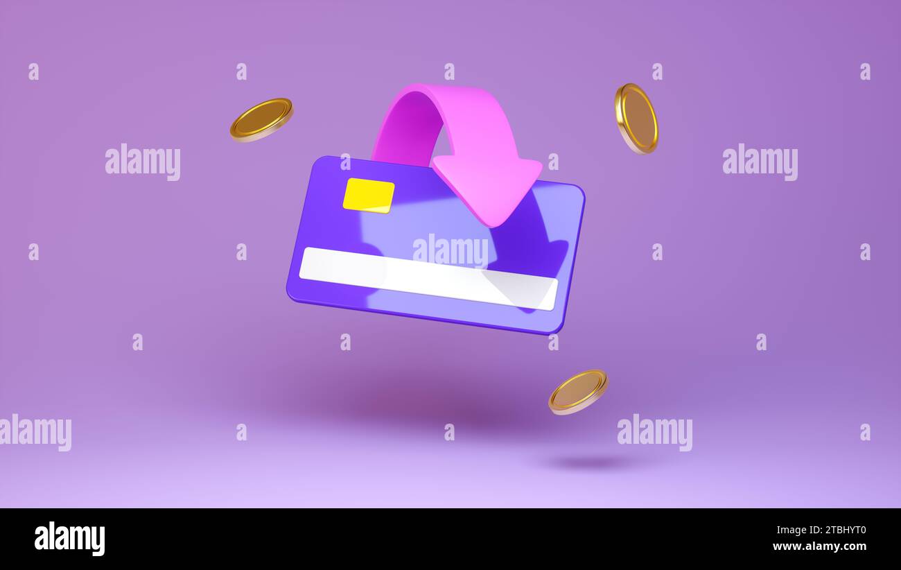 Laden Sie Ihre Kreditkarte mit Bargeld mit Pfeilsymbol und Münzen auf violettem Studiohintergrund auf. Aufladen von Kredit- oder Debitkarten, Online-Zahlung, Geld sparen, Stockfoto