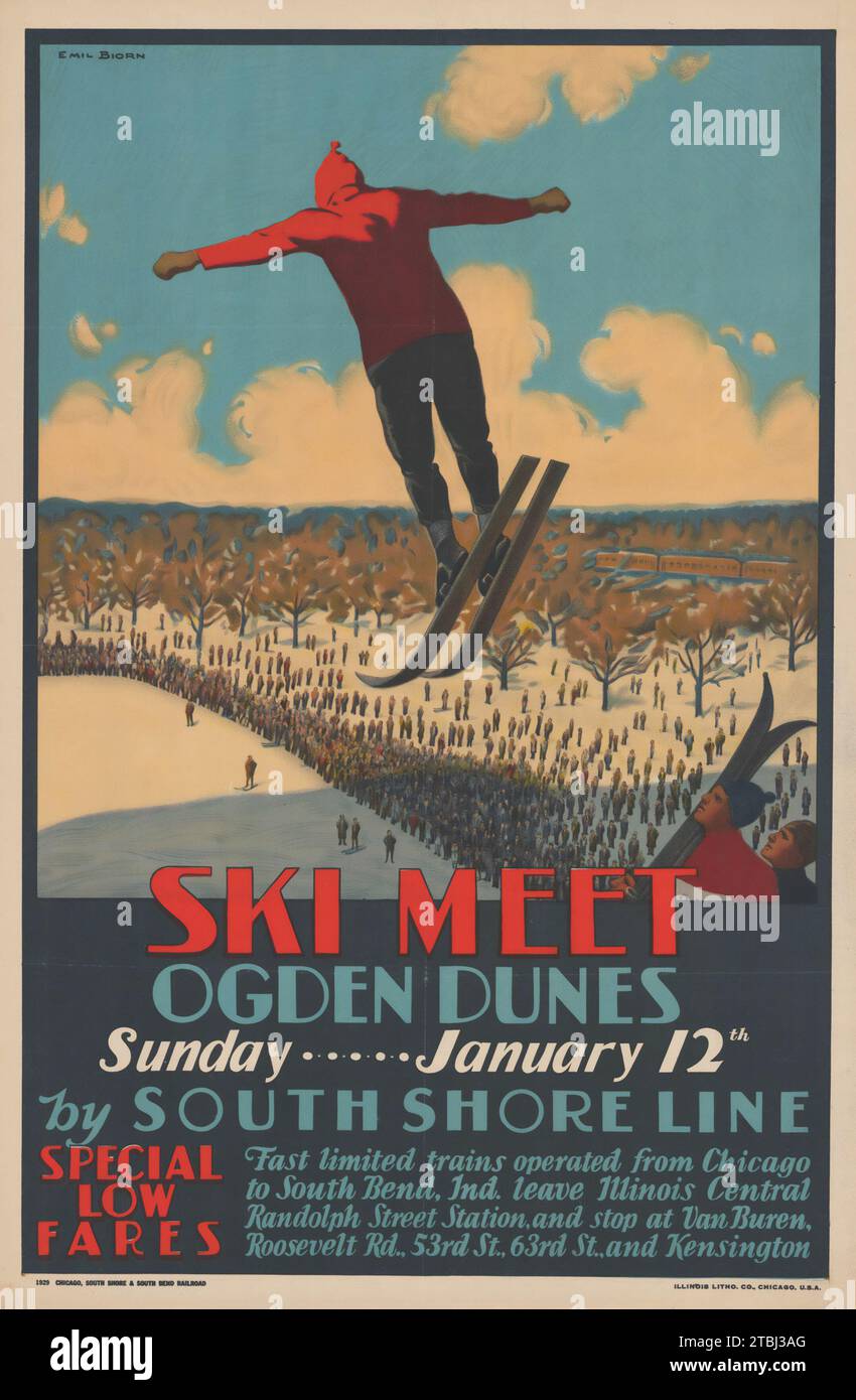 Old American Winter Sport Travel Poster - Ski Meet, Ogden Dunes, Sonntag, 12. Januar von der South Shore Line - Skisprung - Eisenbahn-Poster, 1929 Stockfoto