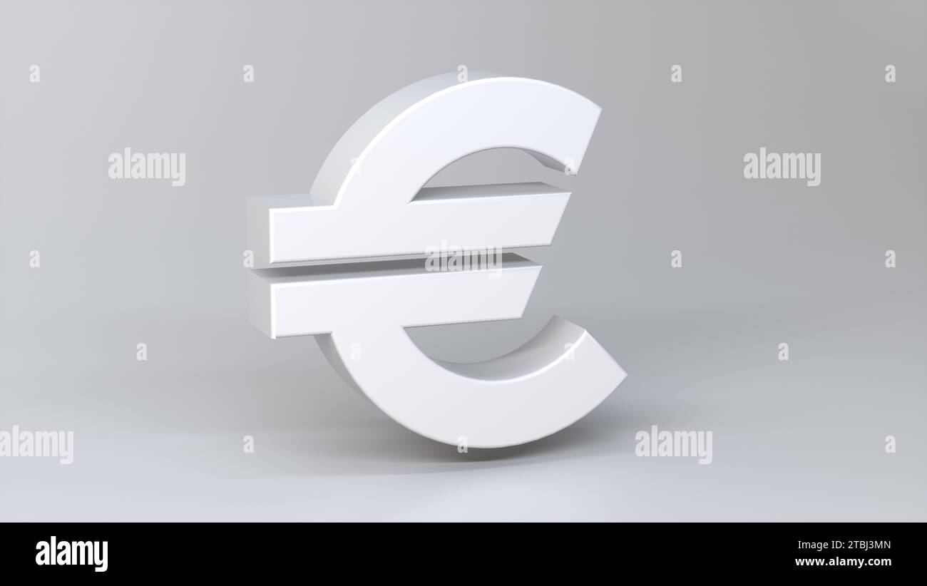 Einfach weißes Euro-Geldsymbol auf weichem grauem Studiohintergrund. Währungsumtausch. Geschäftskonzept. Abbildung 3D-Rendering. Stockfoto