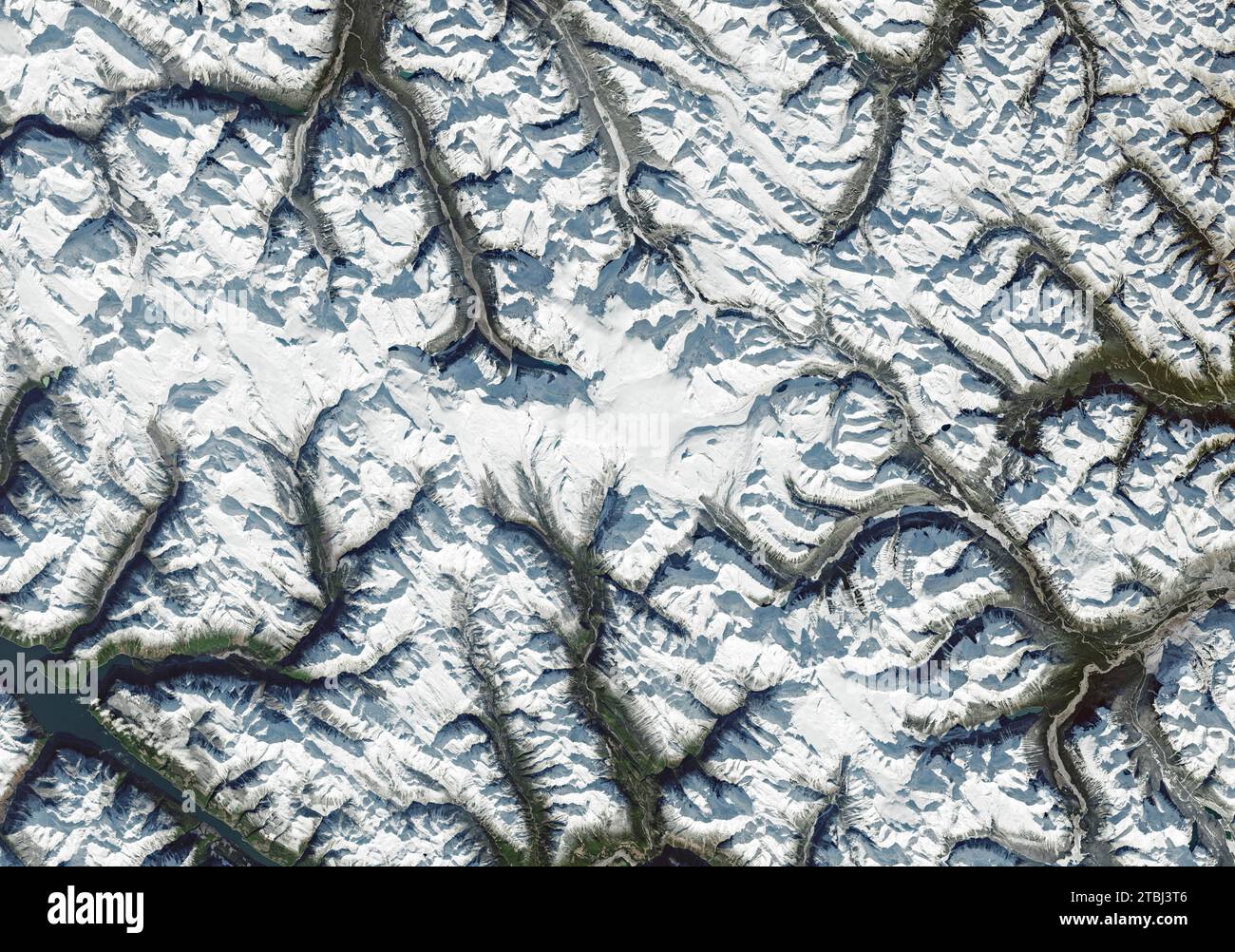 Satellitenbild eines Eisfeldes in den Provinzen British Columbia und Alberta, Kanada. Stockfoto