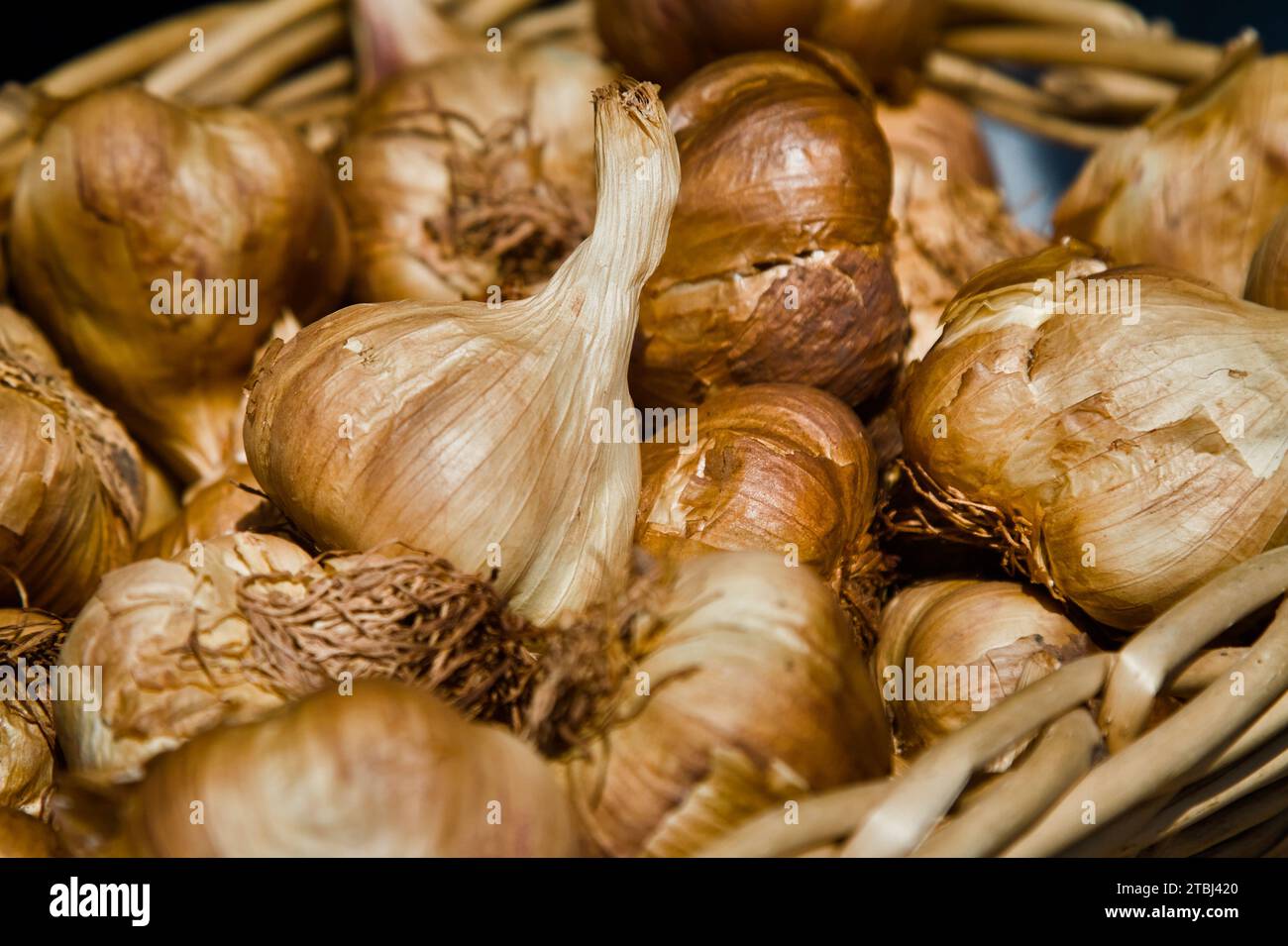 Hickory geräucherte Knoblauchzehen in Einem Korb, Großbritannien Stockfoto