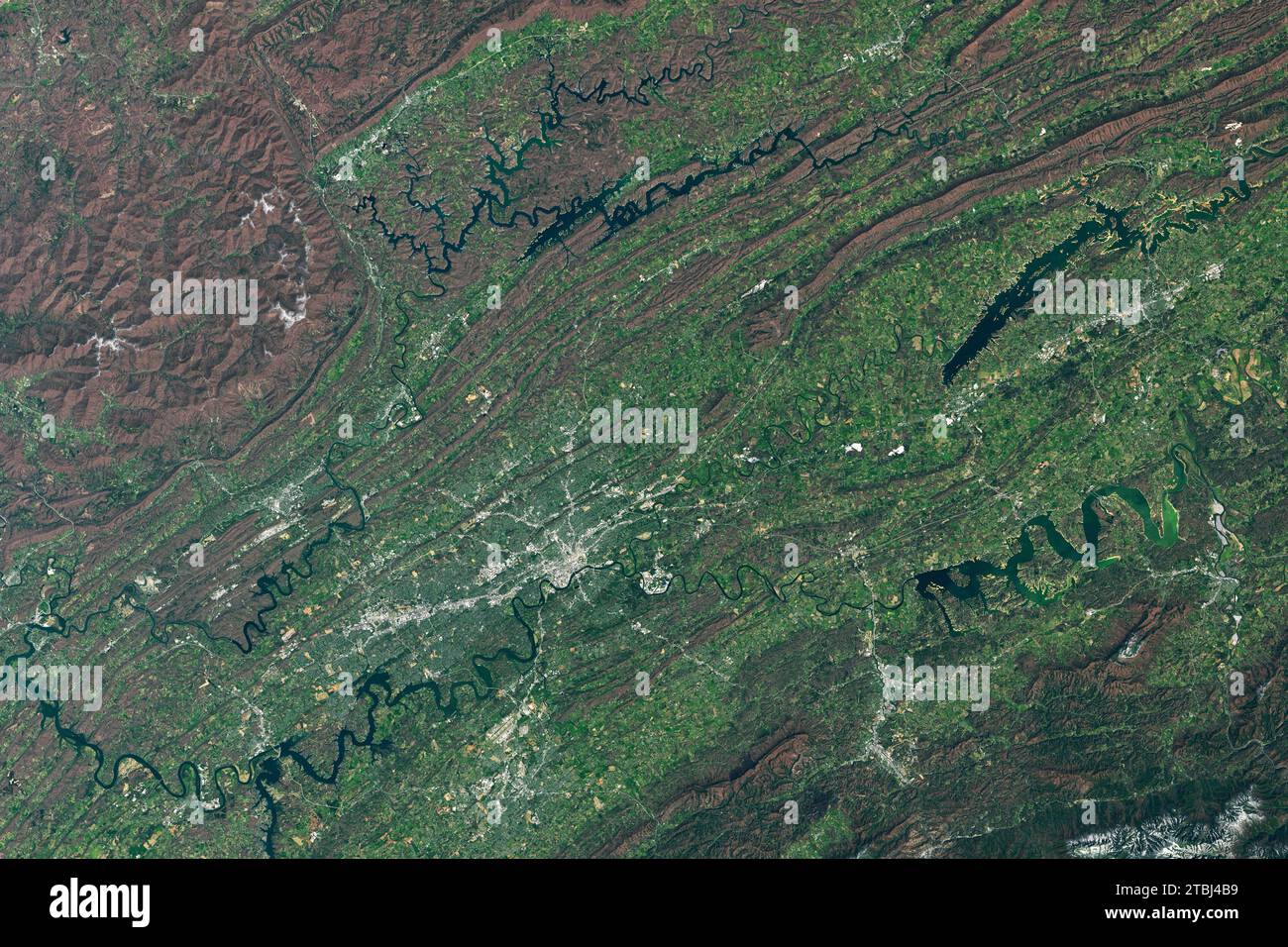 Satellitenbild der südlichen Appalachen und der Gegend um Knoxville, Tennessee. Stockfoto