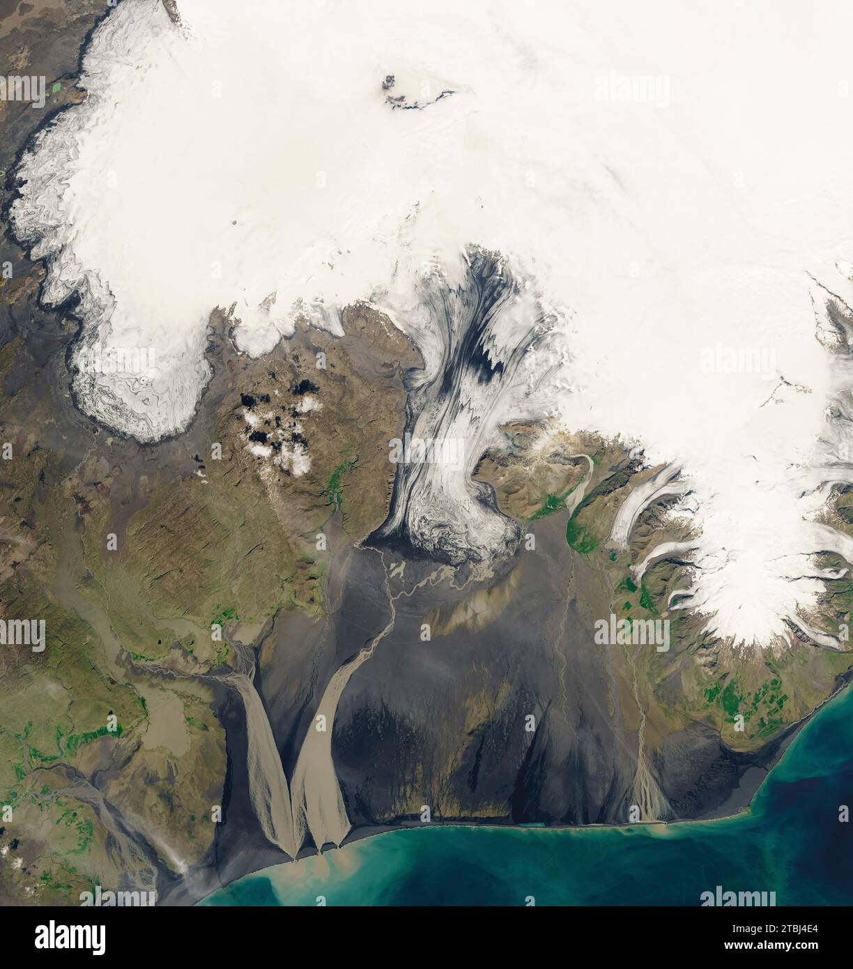Satellitenbild des isländischen Vatnajokull-Nationalparks. Stockfoto