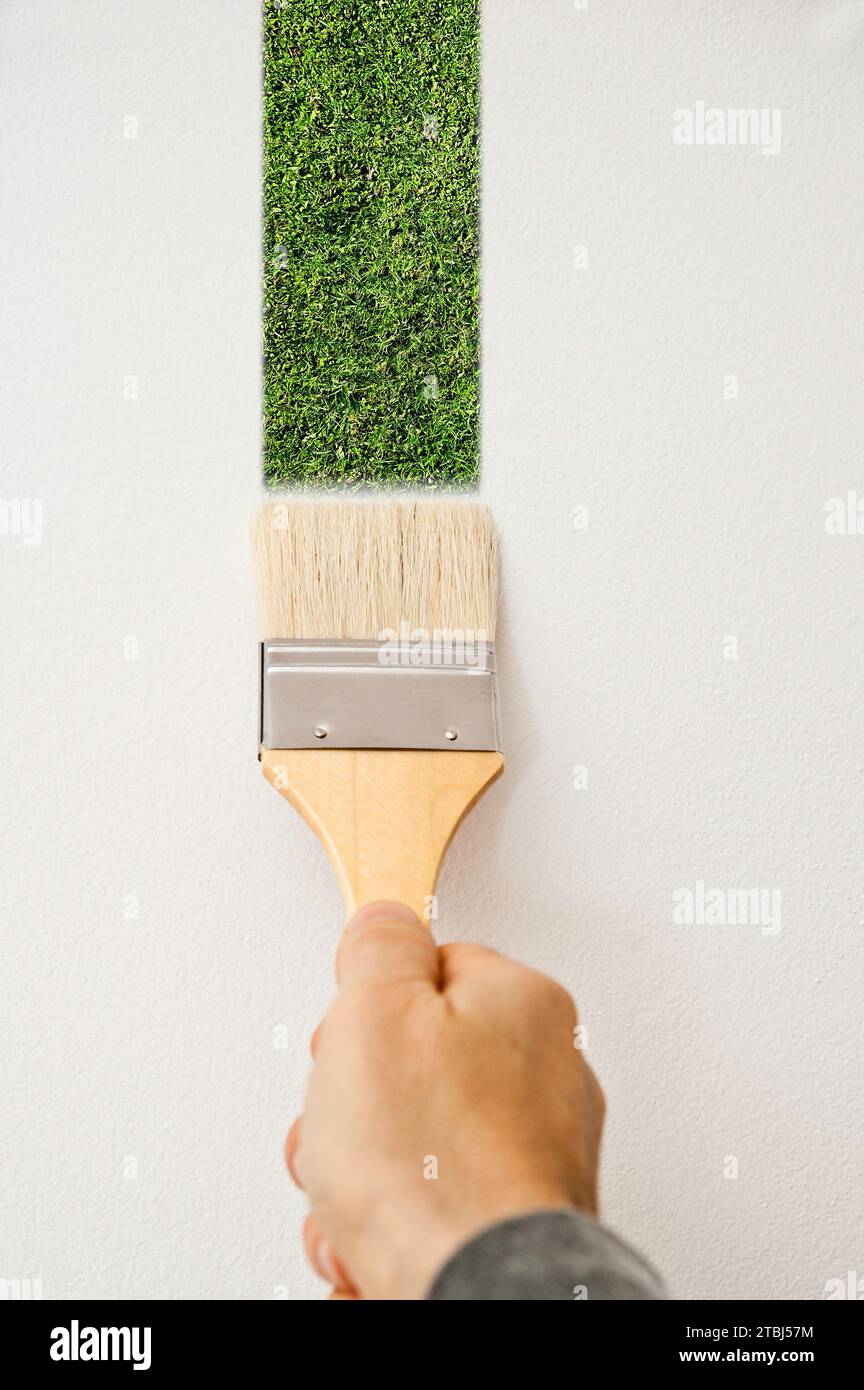 Ein Mann, der ein grünes Gras auf eine weiße Wand malt Stockfoto