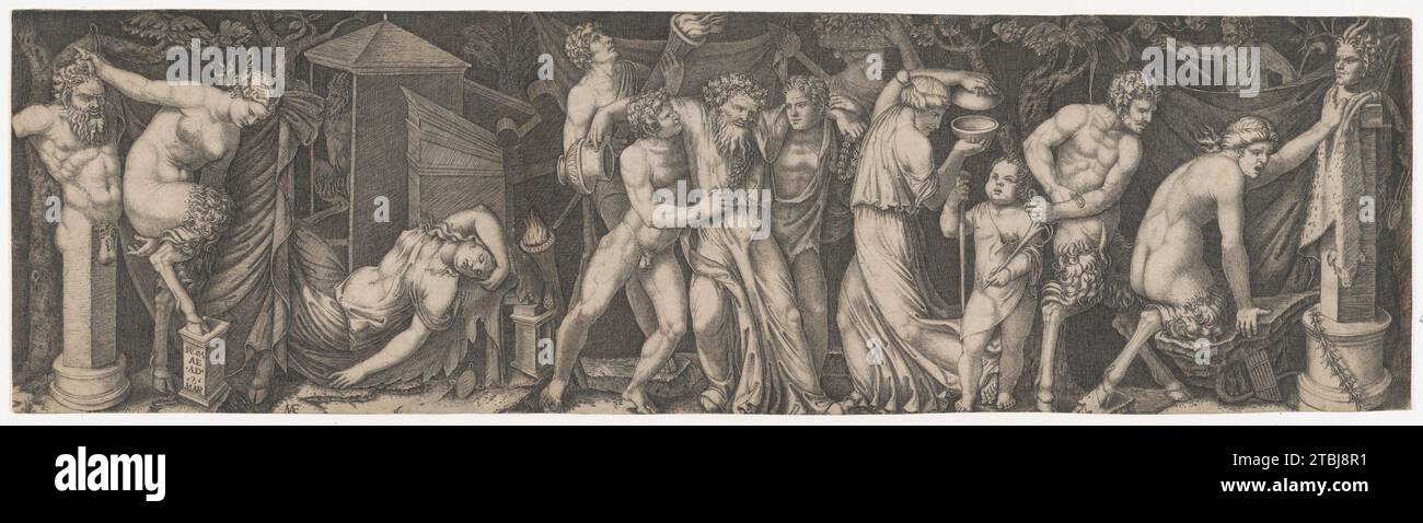 Ein Bacchanal; Silenus wird von zwei Bacchants in der Mitte gestützt, links ein weiblicher Satyr, der auf einem Bett liegt und ein anderer, der an den Hörnern einer Statue des Priapus festhält, während sie versucht, sich auf seinen Phallus aufzuspießen, mit verschiedenen anderen Figuren 1917 von Marcantonio Raimondi Stockfoto