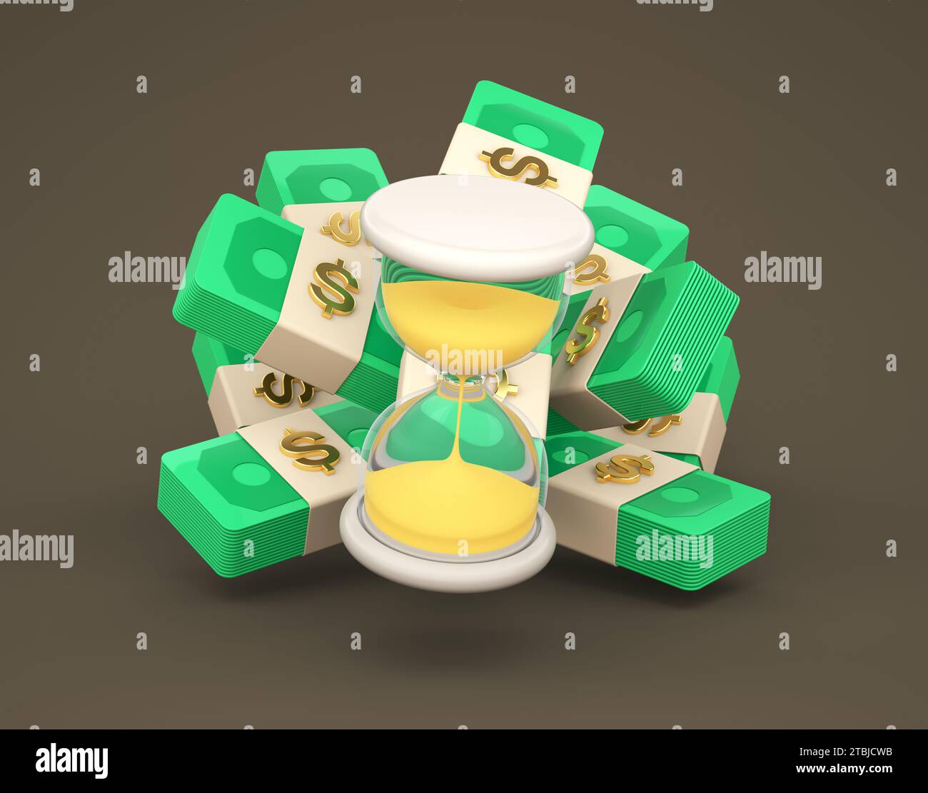 Illustration von Sanduhr mit Dollars stapelt herum auf Brown Studio Hintergrund. Einfaches Symbol für Web und App. Modernes, trendiges Design. Cartoon Stockfoto