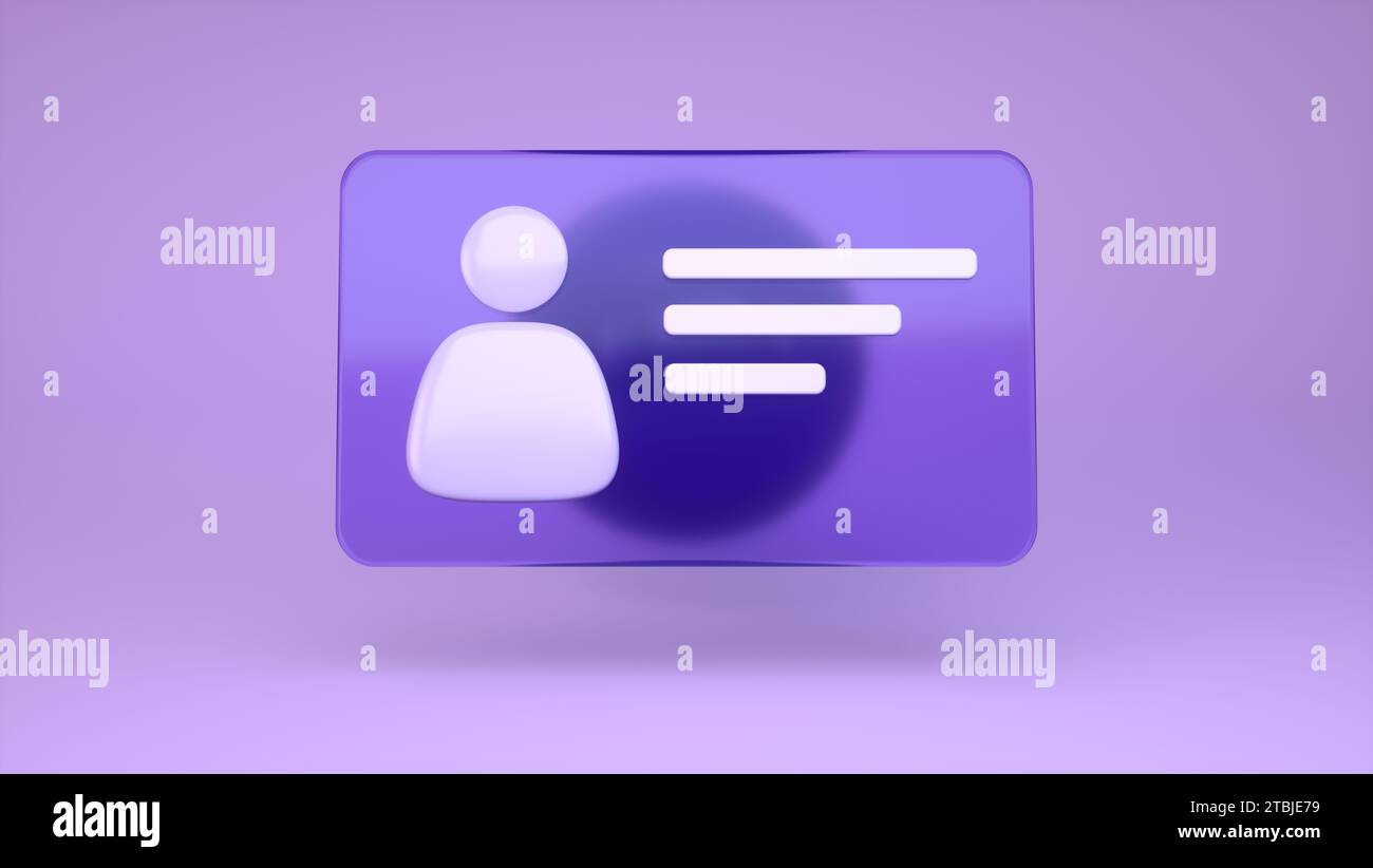 ID-Kartensymbol auf transparentem, mattem Kunststoff. Ausweis auf Purple Studio Hintergrund. Identitätsnachweis. Personal, Kunststoffantrieb Stockfoto