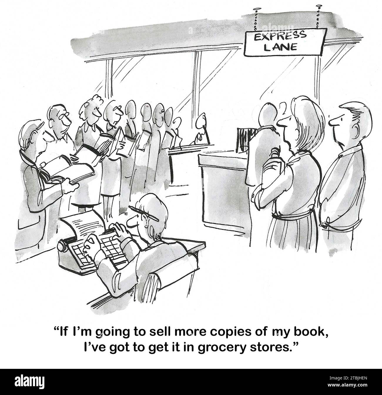 S&W-Cartoon einer Autorin, die Kunden beim Lesen von Zeitschriften im Gang der Lebensmittelkasse anmerkt und ihnen vorschlägt, mehr Bücher zu verkaufen, wenn sie verkauft werden Stockfoto
