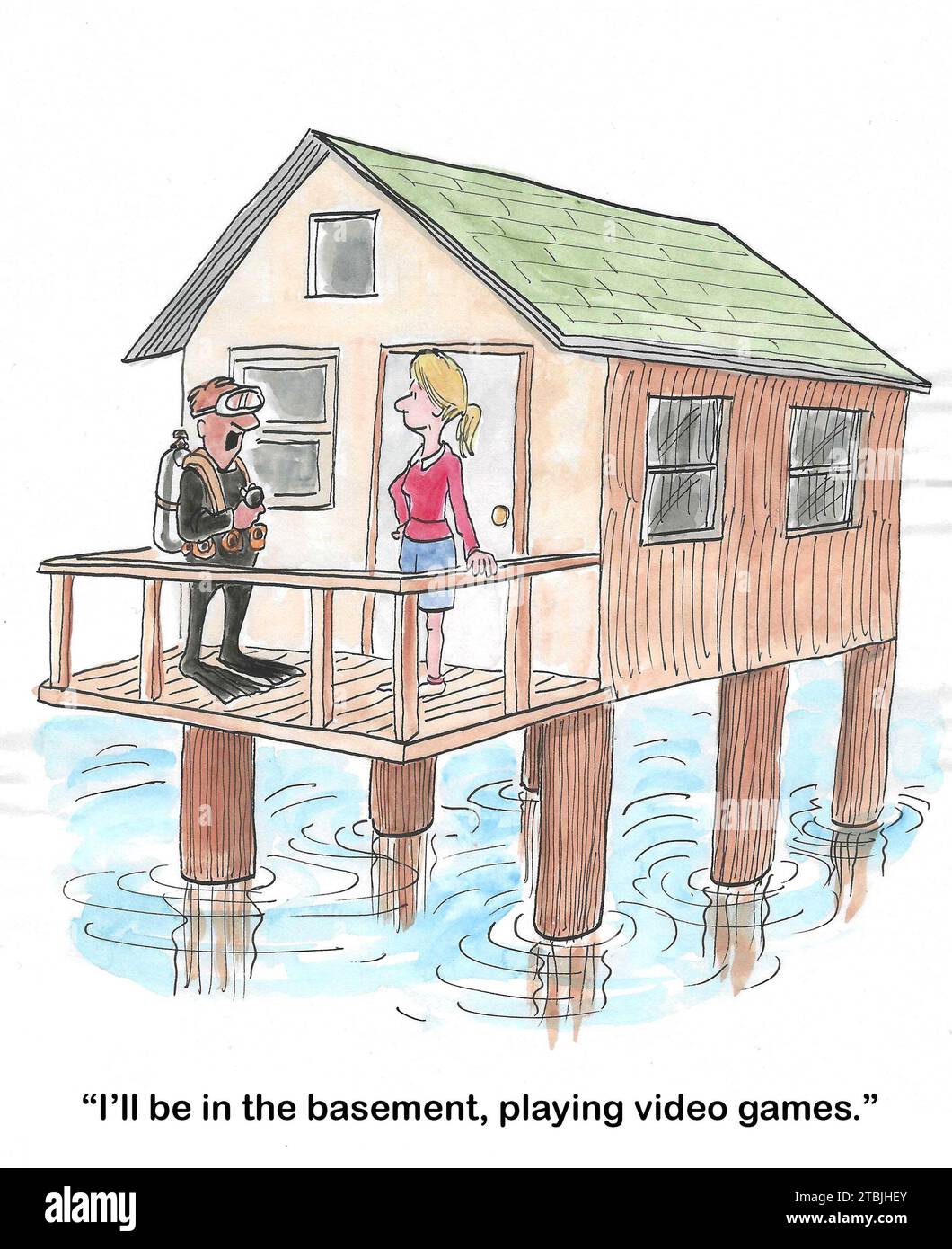Farb-Cartoon eines männlichen Tauchers, der seiner Frau sagt, er werde Videospiele im Wasser spielen. Stockfoto