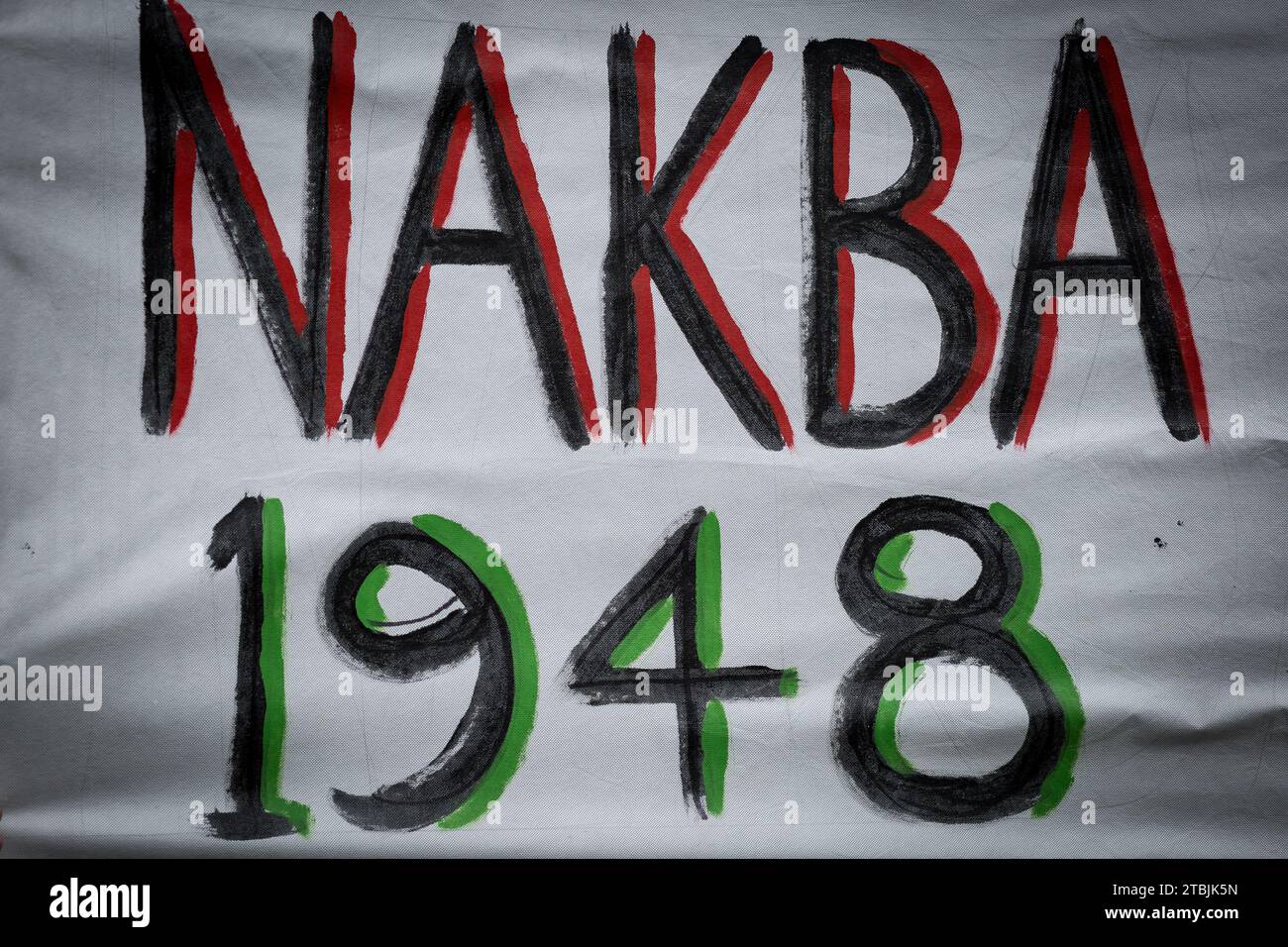 Eine Nakba 1948-Sektion eines palästinensischen Banners, die bei einer Demonstration in Manchester UK gezeigt wurde Stockfoto