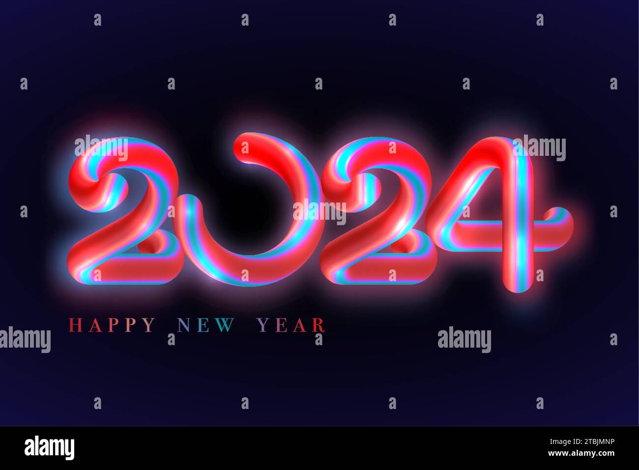 Happy New Year 2024 Bannerfarbene Leuchtröhre. Happy Holiday glühende festliche leuchtende Zahlen in blauem und rotem Design, Vektor-Illustration isoliert Stock Vektor