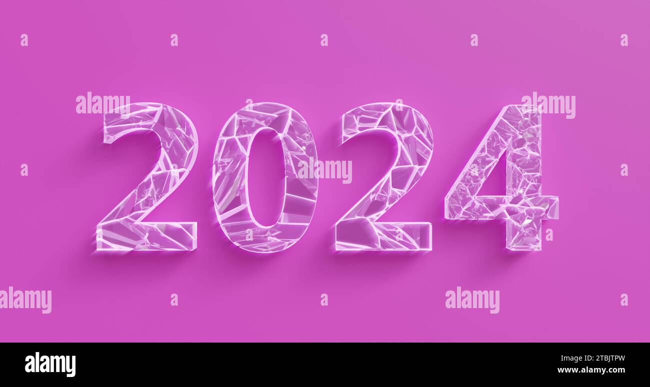 Eistitel aus zerbrochenen Kristallen verbinden sich zu den Zahlen 2024 für das neue Jahr, auf rosa Hintergrund. 3D-Rendering. Stockfoto