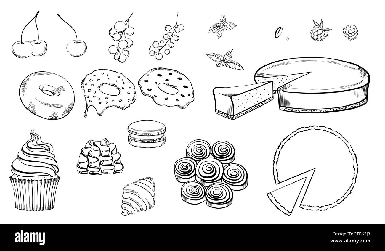 Kulinarisches Set aus Käsekuchen, Zimt, Cupcakes. Creme, Croissant, Macaron, Donut mit Glasur, Süßwarendekoration, Beeren, Minzblätter Stock Vektor