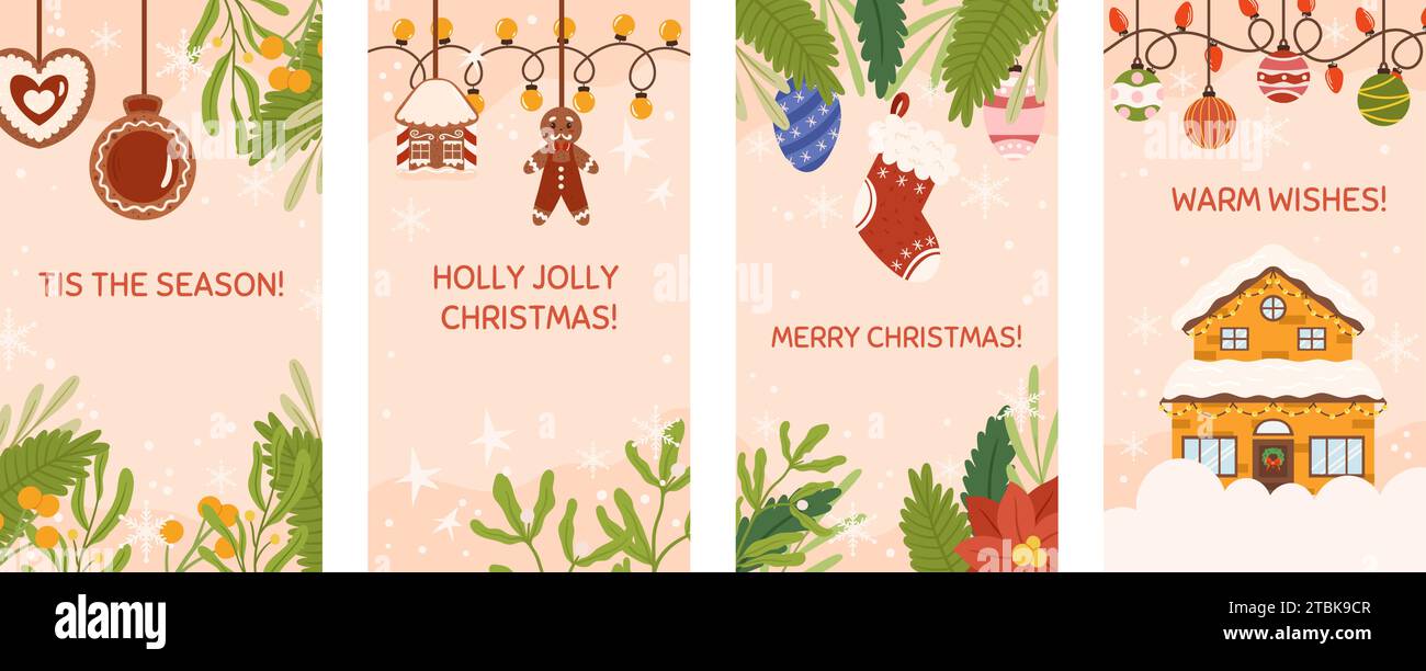 Vorlage für weihnachtsgeschichten in sozialen Medien mit Kopierbereich. Vertikales Banner mit Fichtenpflanzen, Zweigen, Baumspielzeug, heller Girlande, Lebkuchen Stock Vektor