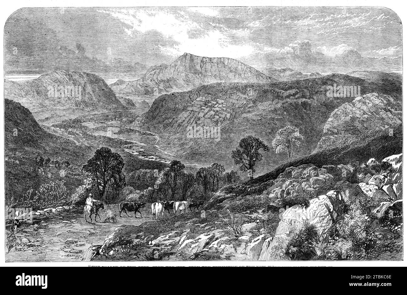 The Valley of the Lledr, von J. C. Reed, aus der Ausstellung der neuen Water-Colour Society, 1861. Gravur von einem Gemälde. "Die Anwendung der Aquarellmalerei zur Verwirklichung der größten Naturmerkmale wird in dieser Landschaft, die an den Wänden der Neuen Wasserfarbengesellschaft ausgestellt wurde, erfolgreich gezeigt. Die riesige, zerbrochene Bergkette, deren Granitoberfläche teilweise mit dünnem Kraut bedeckt ist, wird mit bewundernswerter Wahrheit dargestellt, sowohl was die Textur als auch die Farbe betrifft. Im Tal unten, das sich wie ein Silberfaden windet, befindet sich ein kleiner Bachlauf. Im Vordergrund Stockfoto