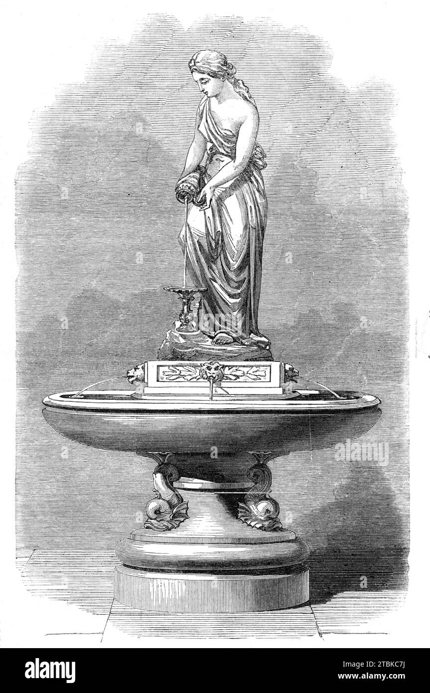 Neuer Trinkbrunnen vor der Royal Exchange, [City of London], 1861. Der Trinkbrunnen wurde dem öffentlichen Gebrauch von Mr. Samuel Gurney, M.P., gewidmet, dessen Geschenk er ist. Es besteht aus einem Sockel und einem kreisförmigen Becken 5 Fuß. Im Durchmesser, bestehend aus poliertem Granit, unterstützt von drei Delfinen in Bronze. Auf dem Becken befindet sich ein kreisförmiger Sockel aus weißem Marmor, der die Basis für eine halb drapierte weibliche Figur aus Bronze bildet, die die Temperanz darstellt, während das Wasser aus einer Vase gegossen wird. Es gibt vier Wasserströme - einen von der Basis der Figur und drei vom Sockel, auf dem sie steht Stockfoto