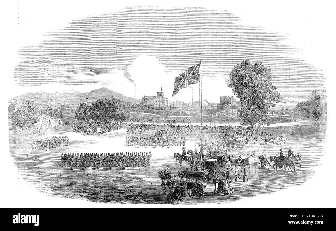Review of the Cumberland Rifle Volunteers in Rickerby Park, Carlisle, 1861. Gravur aus einer Skizze von Herrn W. H. Nutter. "...das ganze Bataillon wurde von Major Harman, dem Regierungsinspektor für den nördlichen Distrikt, in Anwesenheit von 10.000 bis 12.000 Zuschauern inspiziert... die Freiwilligen in verschiedenen Uniformen in grau und Scharlach gaben der Szene eine malerische Erscheinung, als sie sich über den Grünstreifen bewegten und sich nun in einer Linie bildeten, jetzt bricht er in lange verstreute Körper von Scharmützern aus und verwandelt sich in enge Massen und undurchdringliche Quadrate... der interessanteste Teil von Th Stockfoto