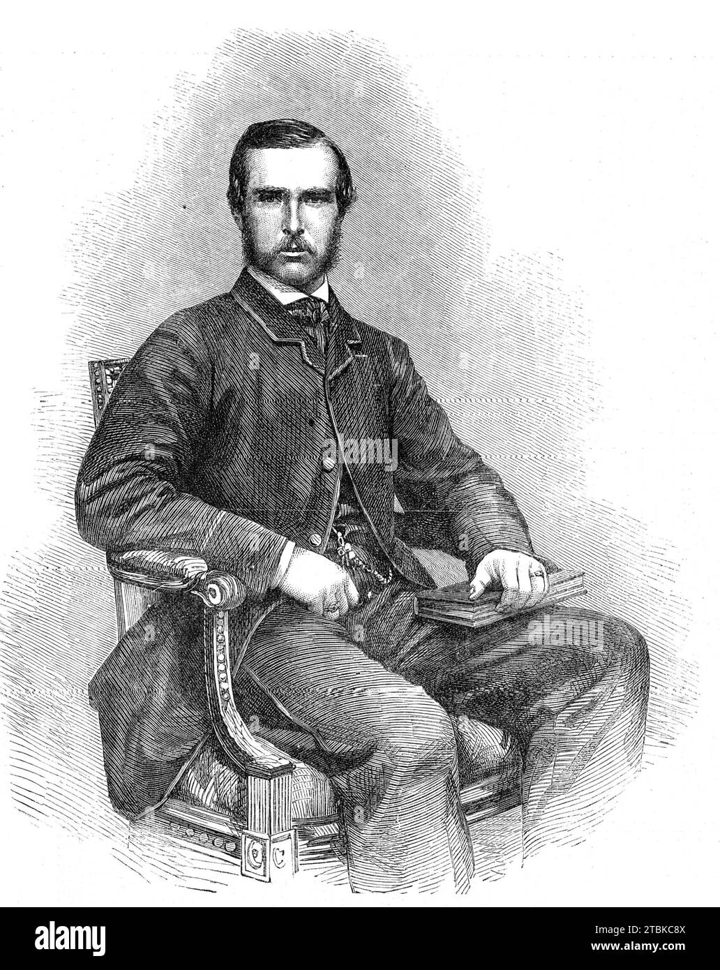 Prinz Ludwig von Hessen, 1861. Kupferstich aus einer Fotografie von J. und C. Watkins. "Der beeidigte Ehemann von Prinzessin Alice, seine Großherzogliche Hoheit Prinz Friedrich Wilhelm Ludwig von Hessen-Darmstadt, ist Erbe in direkter Linie des Großherzogtums Hessen-Darmstadt...Prinz Louis wurde 1837 geboren, ist Hauptmann im 1. Regiment der Preußischen Garde, und Oberst des russischen Husarenregiments von Kliastitsy. Aus Illustrated London News, 1861. Stockfoto