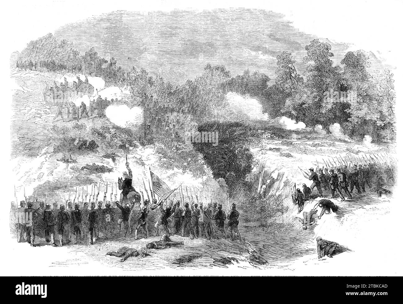The Civil war in America: Attack on the Confederate Batteries at Bull Run by the 27th and 14th New York Regiments - nach einem Entwurf unseres Künstlers, 1861. "Unser Künstler schreibt: "Gegen Mittag tobte die Schlacht am höchsten. Zwei der tapfersten Anklagepunkte, die ich auf dem Teil des Feldes sah, in dem ich Stellung genommen hatte, mit dem erstgenannten Regiment, sind Gegenstand der Begleitskizze. Die Batterie auf der rechten Seite war eine fliegende, gestützt von einem starken Körper konföderierter Infanterie, der sich in der Schlucht und im Dickicht auf der Spitze des Hügels versteckte. Zur Annäherung des 27. Regimes Stockfoto