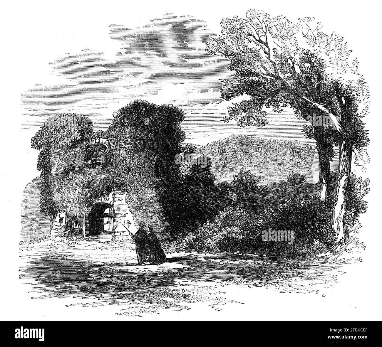 Die British Archaeological Association in Exeter - Berry Pomeroy Castle, 1861. Berry Pomeroy Castle, heute eine riesige Ruine, war für einen Zeitraum von 500 Jahren, von der Eroberung bis zur Herrschaft Eduards VI., der herrliche Sitz der Pomeroy. "Beim Besuch dieser prächtigen Überreste (sagt das Handbuch im Süden von Devon, veröffentlicht von Besley, of Exeter), die größte und imposanteste überhaupt in dieser Grafschaft, wird der Fremde von der feierlichen Pracht beeindruckt sein, die die ganze Ortschaft durchzieht. Dies wird durch die Bäume und das dicke Laub, von dem es umgeben ist, sehr verstärkt. Stockfoto